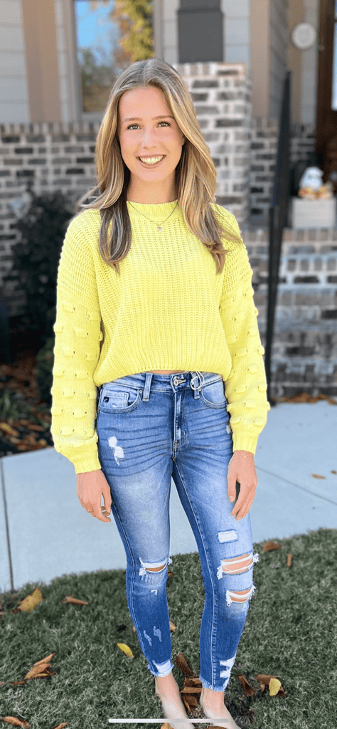 Pom Pom Detail Sleeve Round Neck Sweater - Rebel Rain