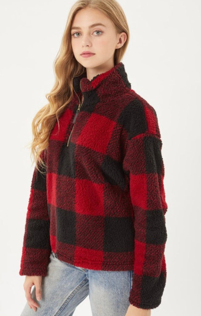 Red & Black Plaid Sherpa Pullover - Rebel Rain