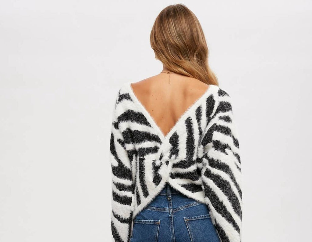 Twist-Back Zuzzy Zebra Pullover Sweater - Rebel Rain