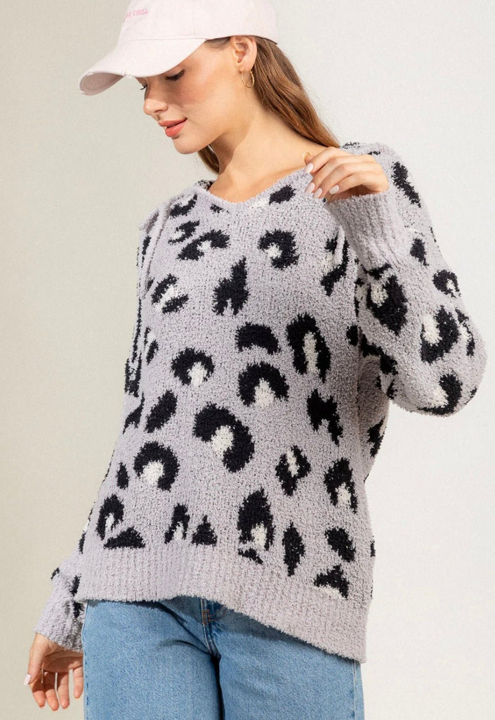 V-Neck Leopard Pullover Sweater - Rebel Rain